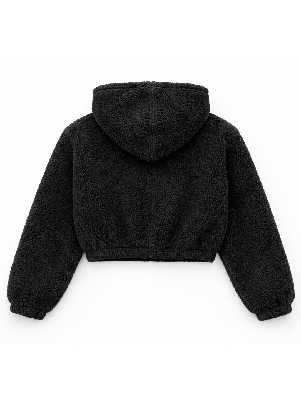 Black fleece jacket with hood on a white background