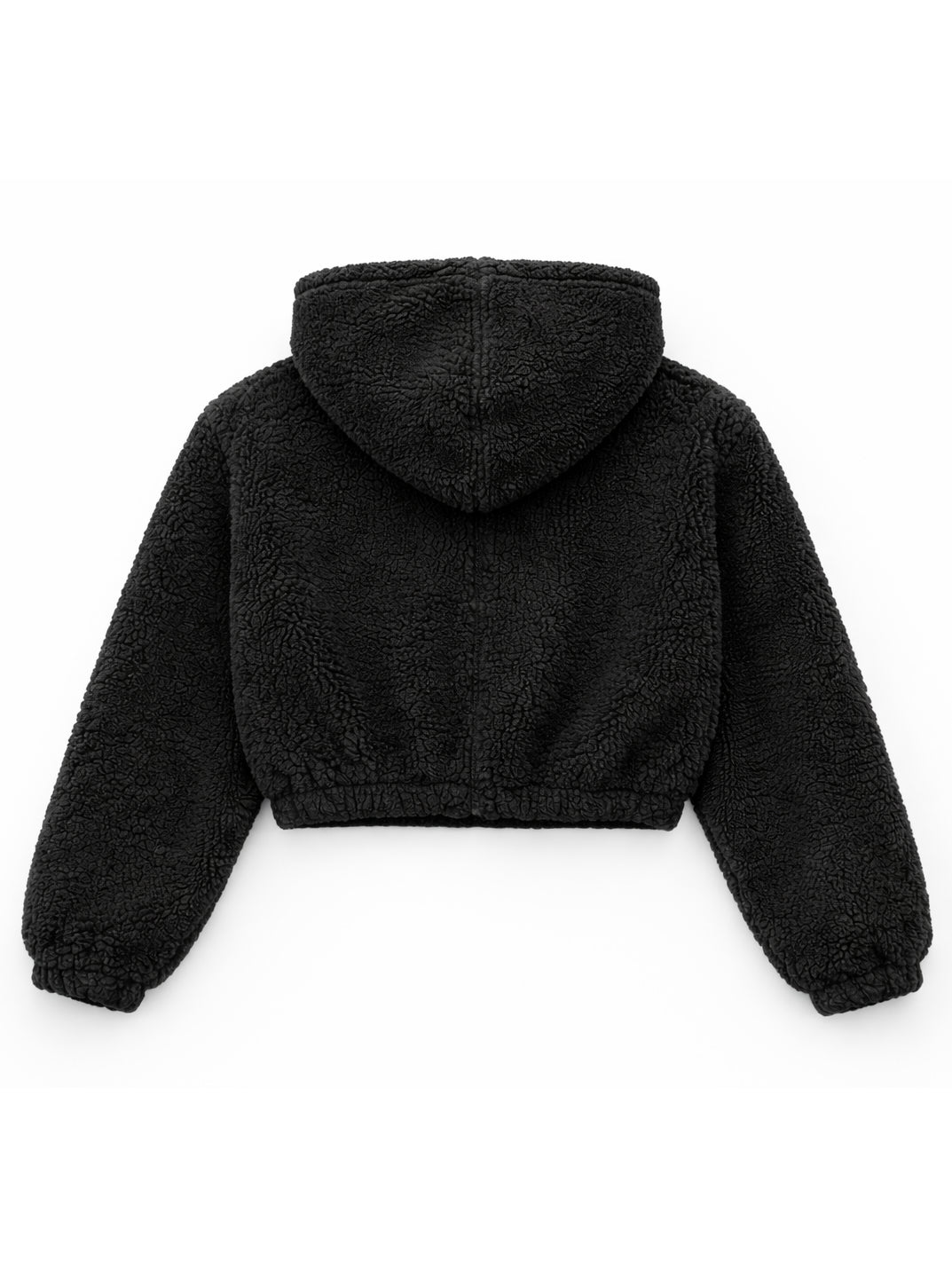 Black fleece jacket with hood on a white background