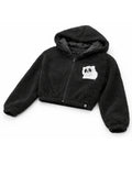 Black fleece jacket with a panda design on a white background