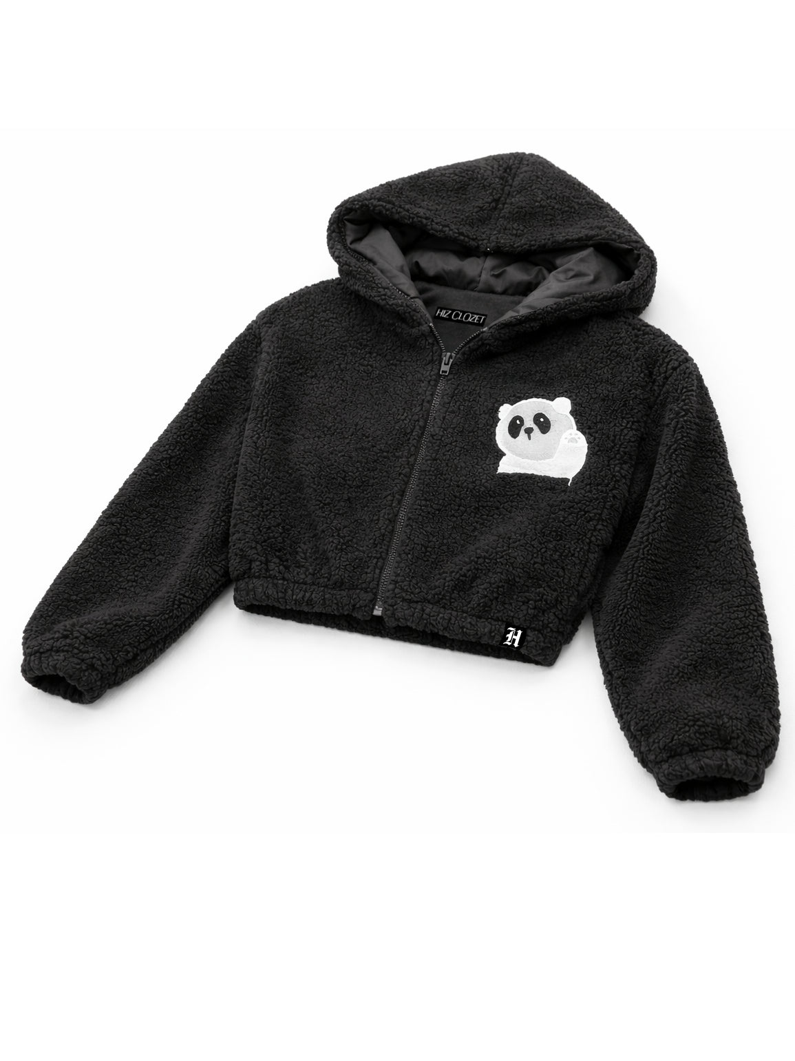 Black fleece jacket with a panda design on a white background