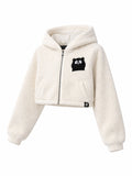 White fleece jacket with a black bear emblem on a white background