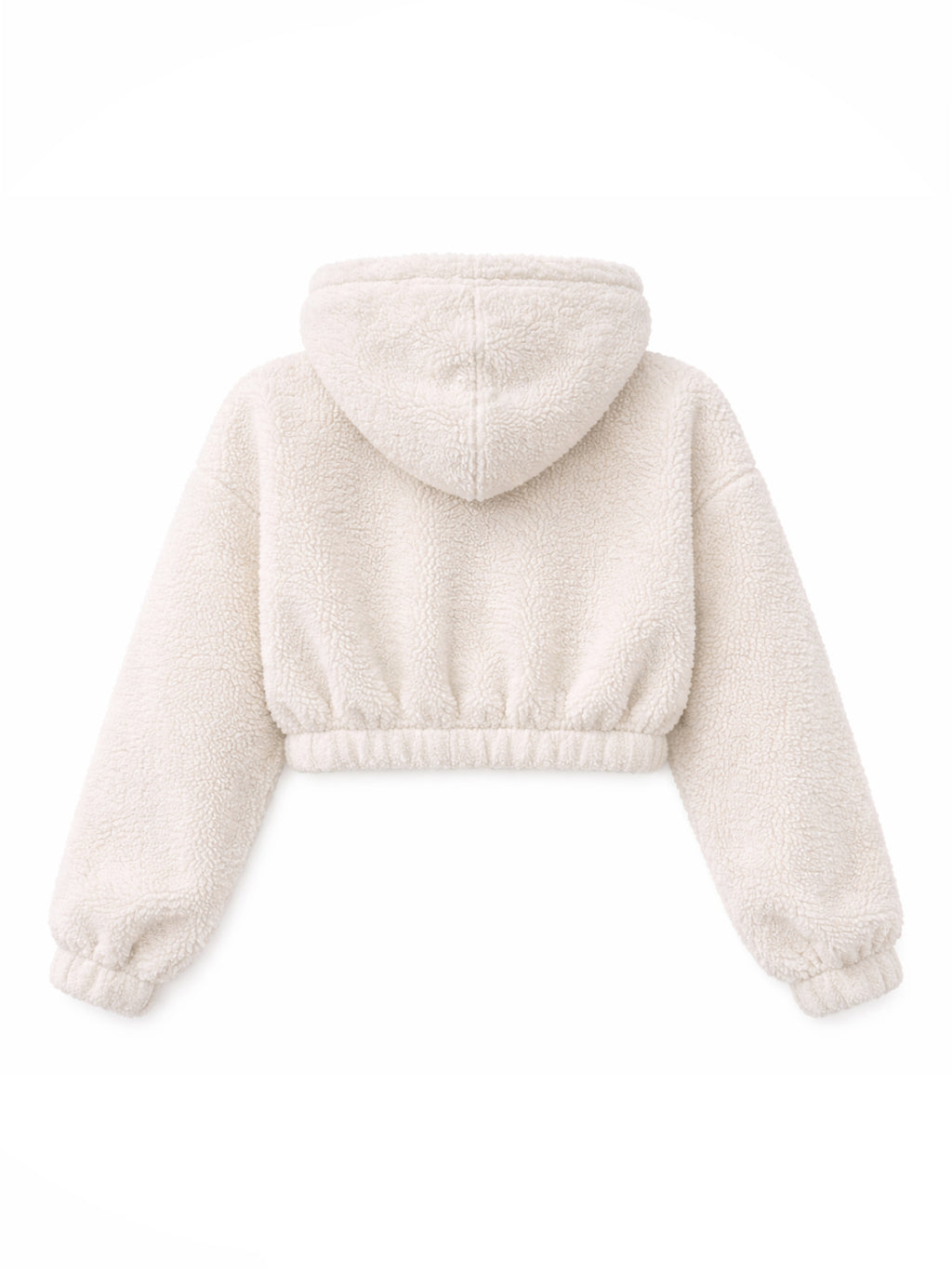 White fleece jacket with hood on a white background